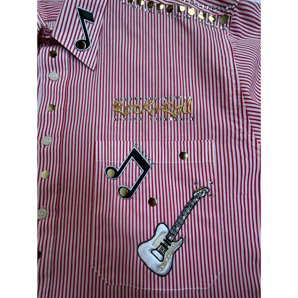 Vintage Mardel Striped Button-Up Shirt Large Musical Embroidery Handcrafted New - Picture 7 of 11